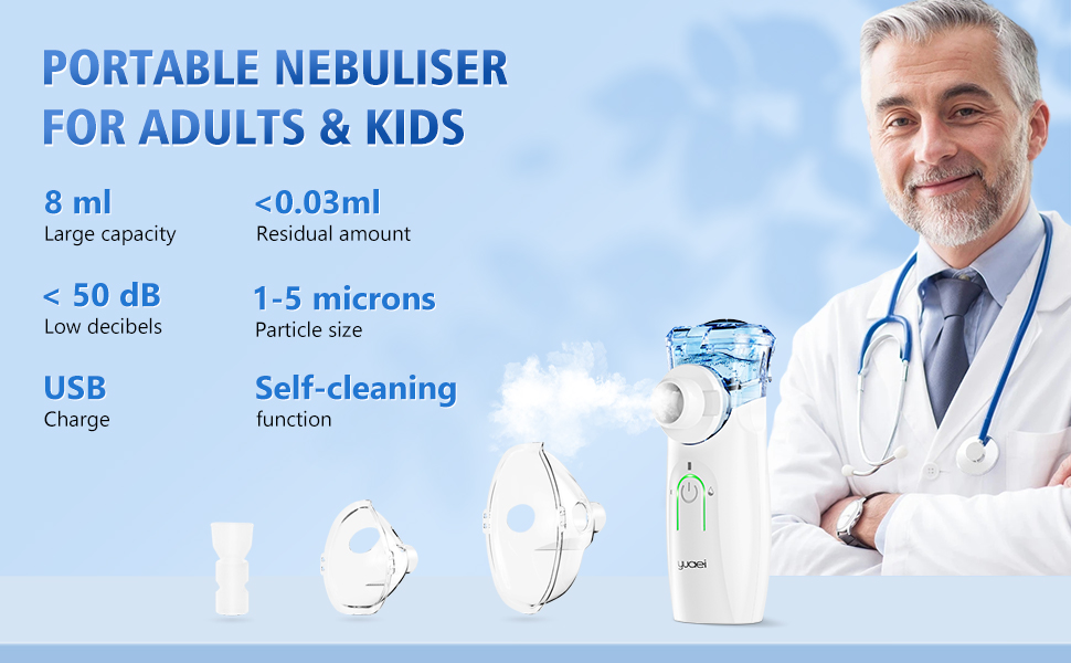 Text reads: 'PORTABLE NEBULISER, FOR ADULTS & KIDS, USB, Self-cleaning'. Medical device promotional banner showing nebulizer unit with blue accents and technical specifications.