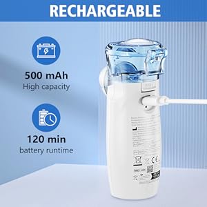 Text reads 'RECHARGEABLE, 500 mAh High Capacity, 120 min battery runtime'. White portable medical device with battery specifications and blue icons on product display.
